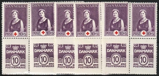FRIMÆRKER DANMARK | 1939 - AFA 252+266 - Dronning Alexandrine Røde Kors + bølgelinie - 10 + 5 øre + 10 øre i 4-blok x 5 stk. - Postfrisk
